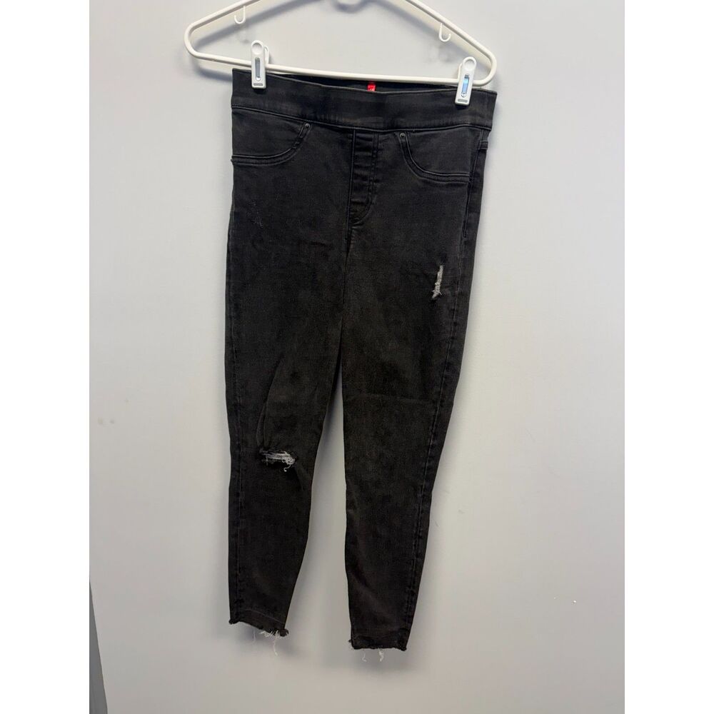 SPANX Distressed Skinny Jeggings Black Denim Pull-On High Rise Raw Hem Size S/P